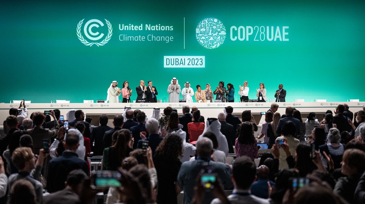 Sultan Ahmed Al-Jaber, president of COP28 and other participants on the final day of the conference in Dubai, United Arab Emirates