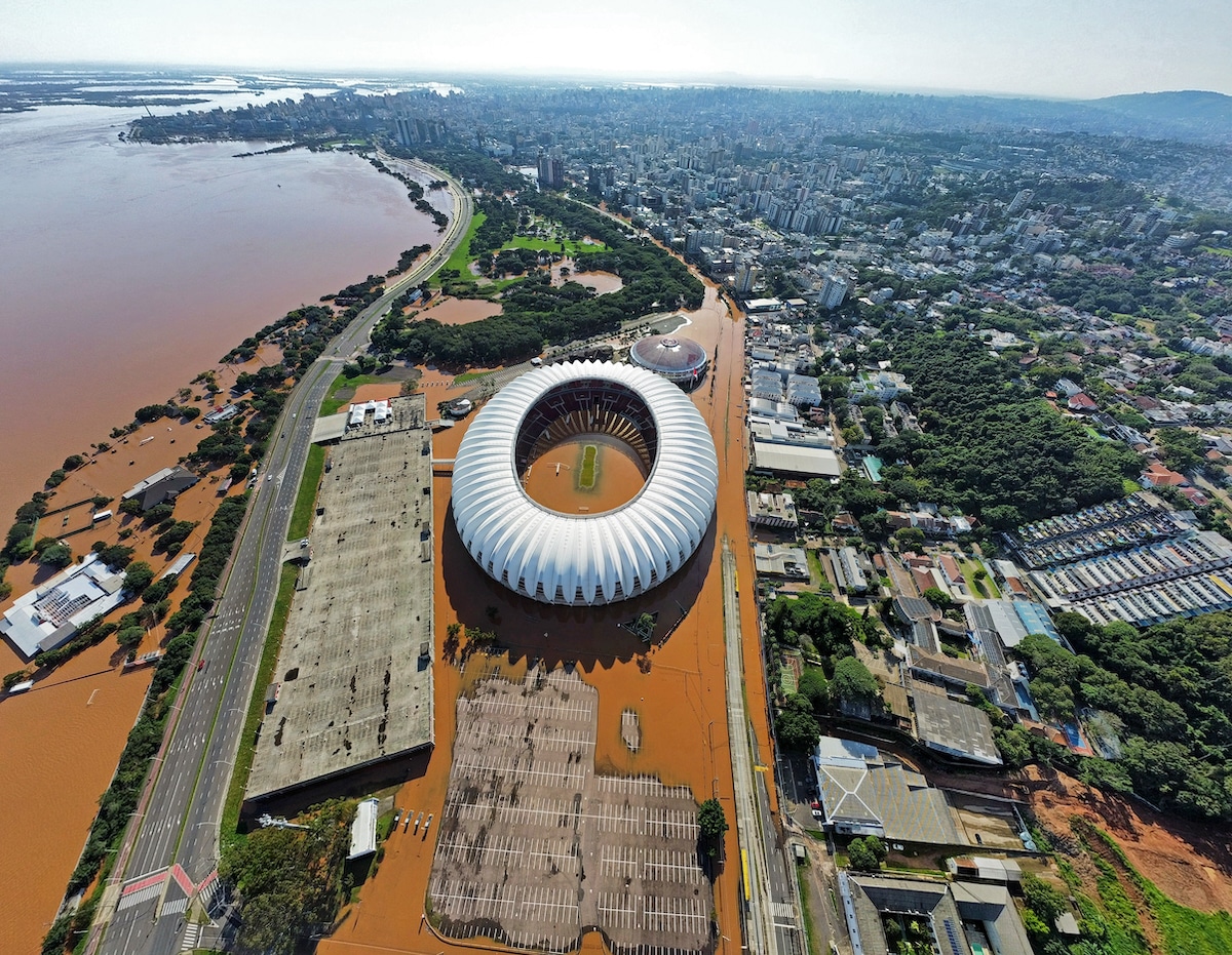 Flooding from extreme rains impacted 281 municipalities, damaging infrastructure, forcing evacuations and prompting a State of Public Calamity in Porto Alegre, Brazil, pictured with an aerial view of the flooded Beira-Rio Stadium
