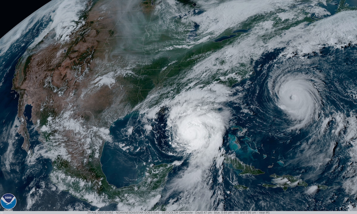 NOAA's GOES-16 satellite captured Hurricane Idalia approaching the western coast of Florida while Hurricane Franklin churned in the Atlantic Ocean on Aug. 29, 2023