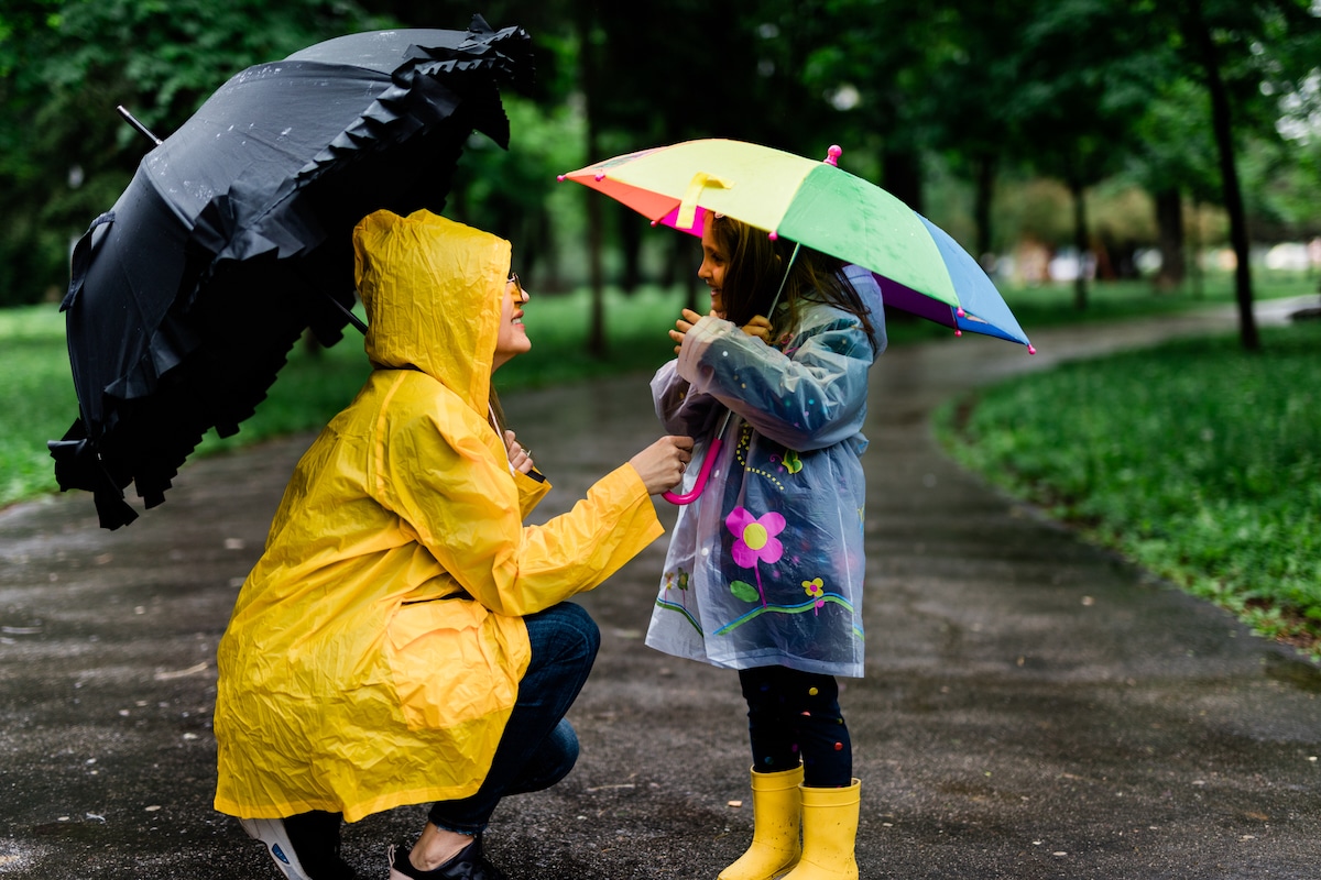 A mother and daughter holding wearing raincoats and holding umbrellas. Waterproof garments often contain PFAS